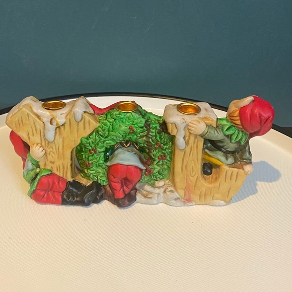 Vintage Robel Hall Ceramic JOY 3 Elves Pixies Candle Holder Christmas - Picture 2 of 7